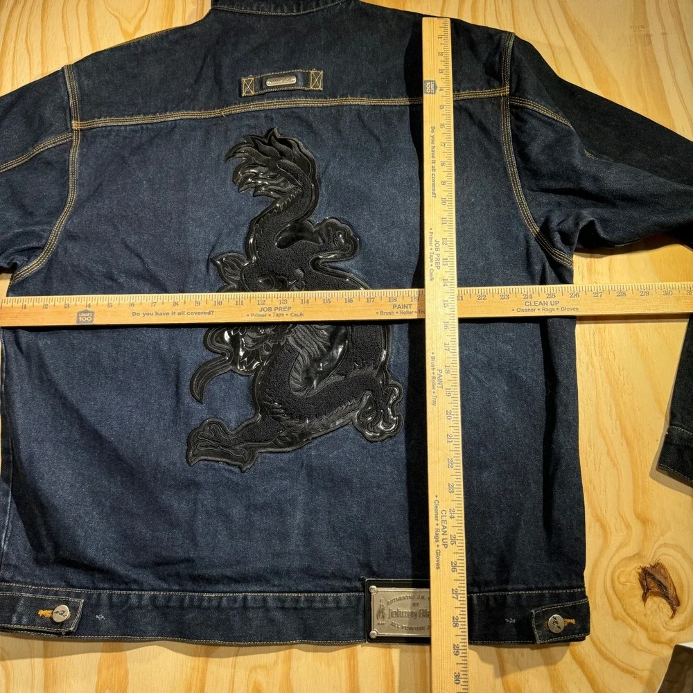 Johnny Blaze Men's Vintage Embroidered Dragon Dark Wash Denim Trucker Jacket XL